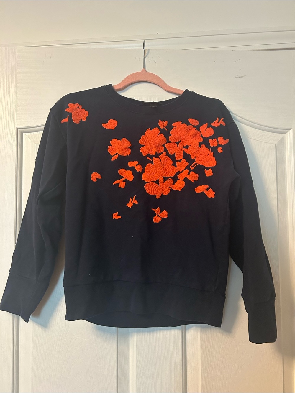 J. Crew Navy Sweatshirt with Bright Orange Floral Embroidery
